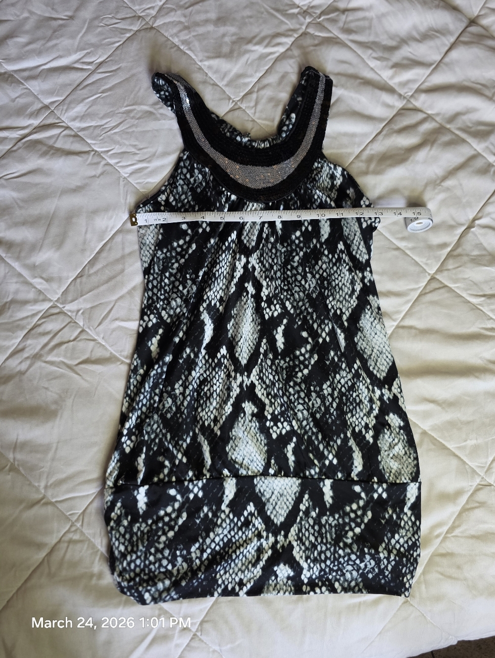 Snake Print Beaded Tank Dress - Black & Cream. Size L.